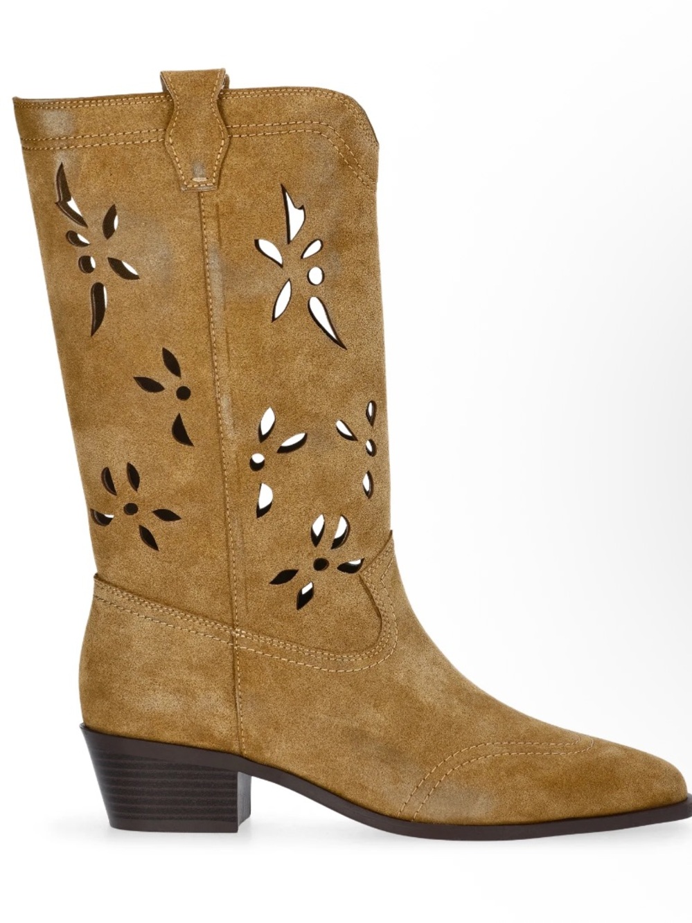 Women's Tan Suede Mid-Calf Western Boots with Cutouts Size 7